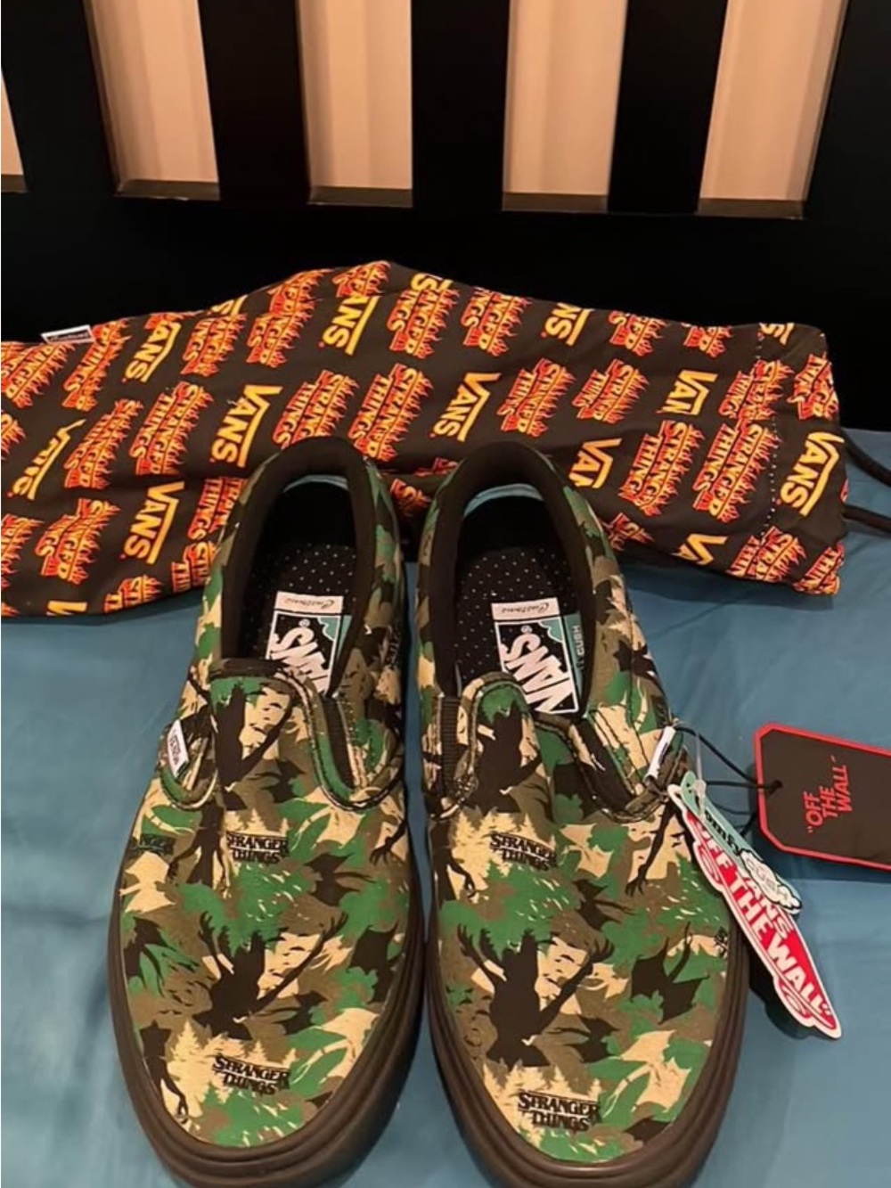Vans Slip-On Sneakers - Green Camo Rare Stranger Things with Black Soles